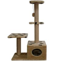Когтеточка домик с 2-умя полками на основании квадрат мех джут корич с игрушкой 38*66*114см/DONBARON