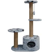 Когтеточка домик с 2-умя полками на основании круглая мех джут серый с игрушкой 38*66*112см/DONBARON