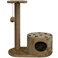 Когтеточка домик с полкой на основании круглая мех джут коричневый с игрушкой 37*68*80см/DONBARON