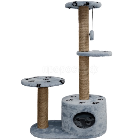Когтеточка домик с 2-умя полками на основании круглая мех джут серый с игрушкой 38*66*112см/DONBARON
