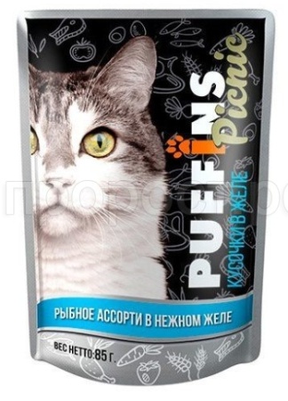Кошки Пуффинс пикник 85г ЖЕЛЕ рыбное ассорти/26шт/