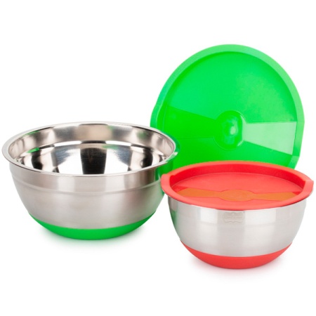 Набор стальных мисок MIX&STORE 2шт (1.5л+2.4) с крышками, силиконовое дно /ASS022/6шт/ATTRIBUTE STEE